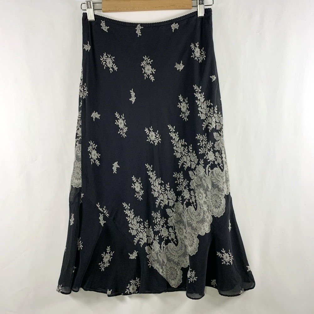 VTG Express Y2K Fairy Silk Floral Lace Print Midi Slip Skirt Small Romantic Goth